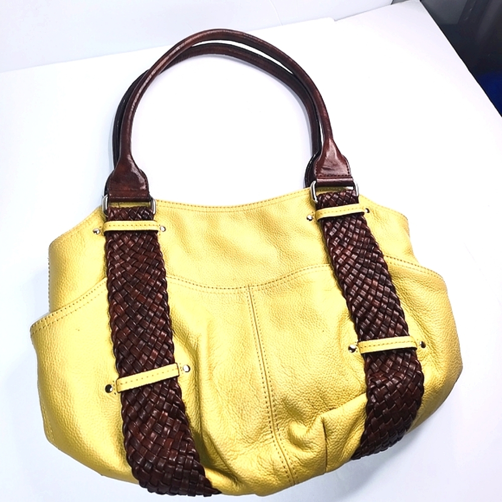 Tiganello Yellow and Brown Braided Leather Tote Handbag